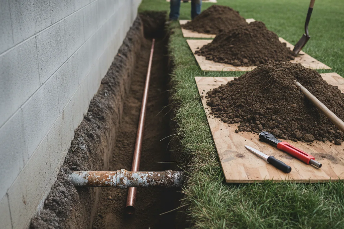 Excavated water line trench during Water Softener Installation in East Lansing